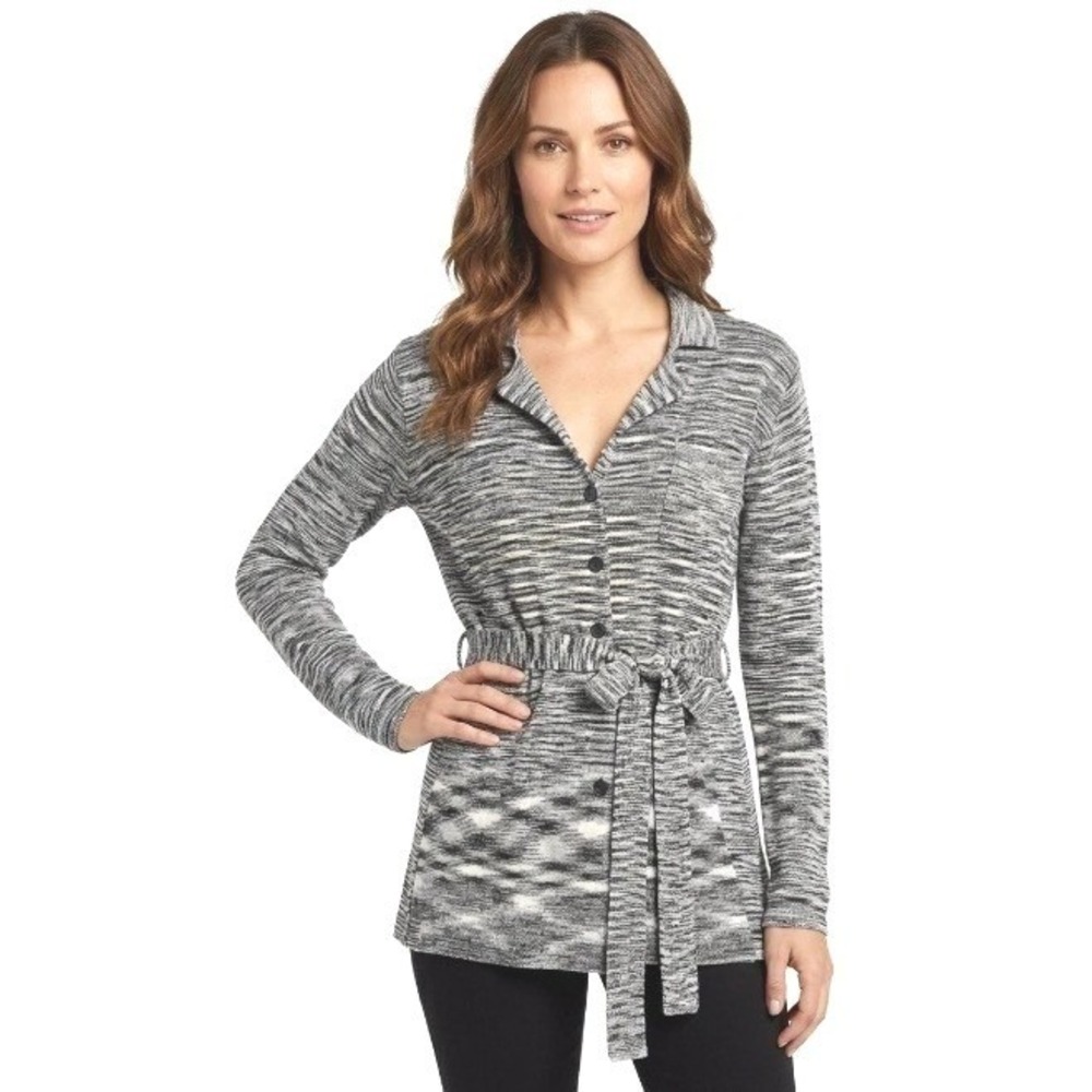 BCBG MaxAzria | Space Dye Cardigan Sweater Belted Button Front Grey Black | M